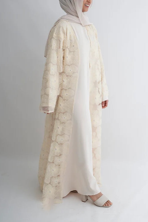 Hand-Beaded Floral Mesh Abaya Two-Piece Set-Apricot