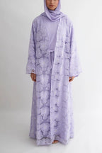 Hand-Beaded Floral Mesh Abaya Two-Piece Set-Purple
