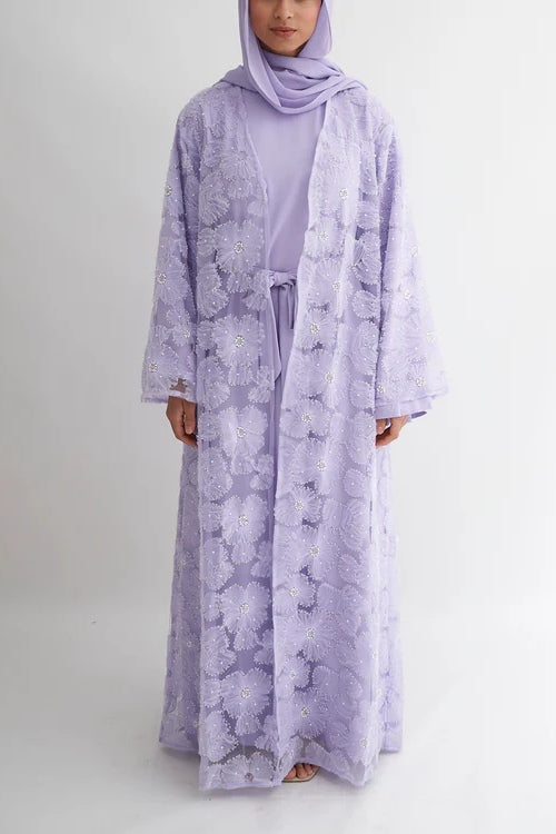 Hand-Beaded Floral Mesh Abaya Two-Piece Set-Purple