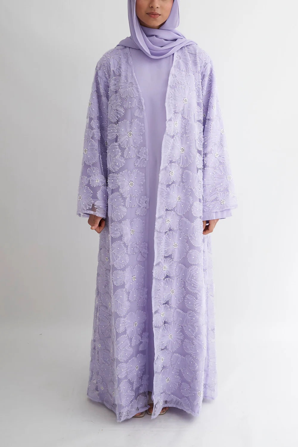 Hand-Beaded Floral Mesh Abaya Two-Piece Set-Purple