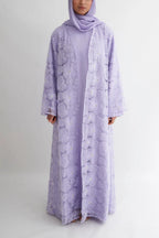 Hand-Beaded Floral Mesh Abaya Two-Piece Set-Purple