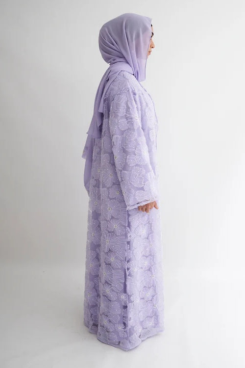 Hand-Beaded Floral Mesh Abaya Two-Piece Set-Purple