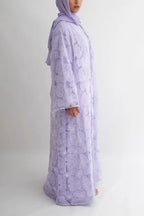 Hand-Beaded Floral Mesh Abaya Two-Piece Set-Purple