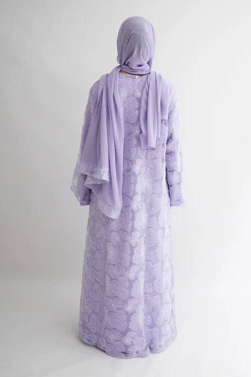 Hand-Beaded Floral Mesh Abaya Two-Piece Set-Purple