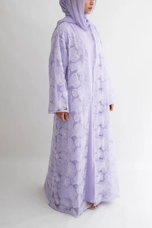 Hand-Beaded Floral Mesh Abaya Two-Piece Set-Purple