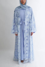 Hand-Beaded Floral Mesh Abaya Two-Piece Set-Blue
