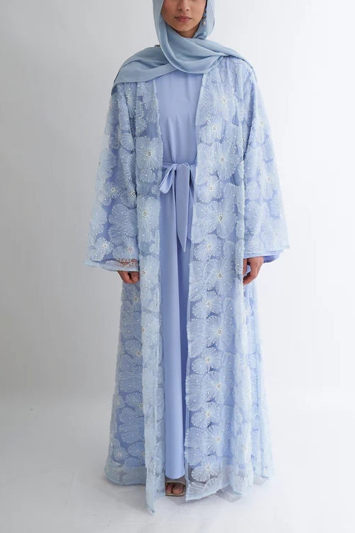 Hand-Beaded Floral Mesh Abaya Two-Piece Set-Blue