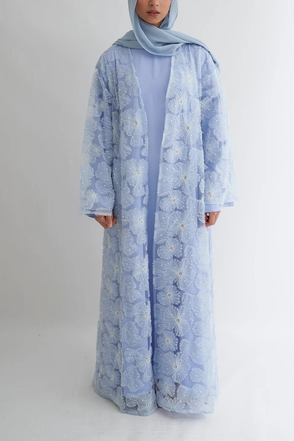 Hand-Beaded Floral Mesh Abaya Two-Piece Set-Blue