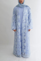 Hand-Beaded Floral Mesh Abaya Two-Piece Set-Blue