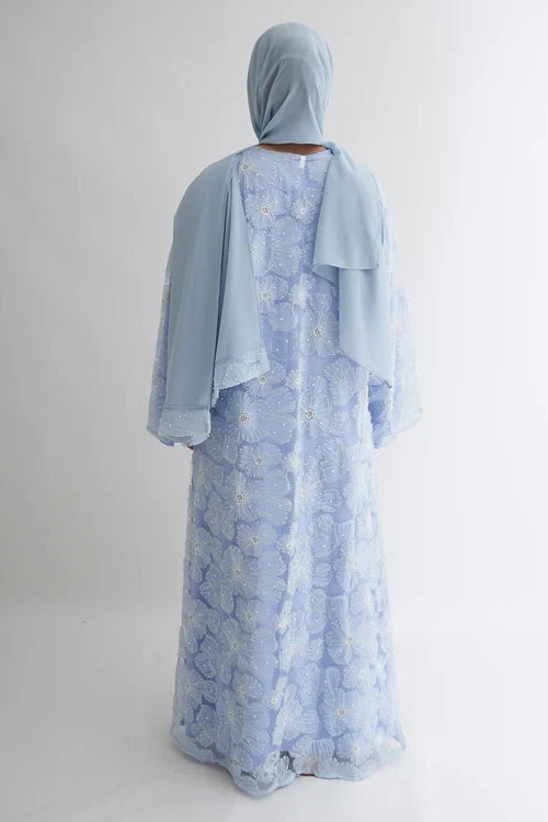 Hand-Beaded Floral Mesh Abaya Two-Piece Set-Blue