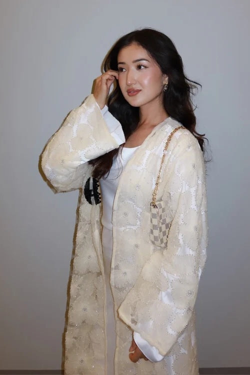 Hand-Beaded Floral Mesh Abaya Two-Piece Set-Apricot