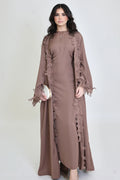 Sahara Floral Lace Trim Two Piece Abaya Set-Khaki