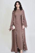 Sahara Floral Lace Trim Two Piece Abaya Set-Khaki