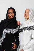 Luxury Contrast Lace-Trimmed Chiffon Hijab-Black&White