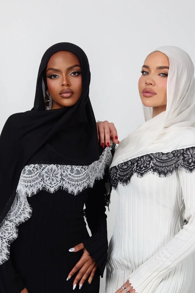 Luxury Contrast Lace-Trimmed Chiffon Hijab-Black&White