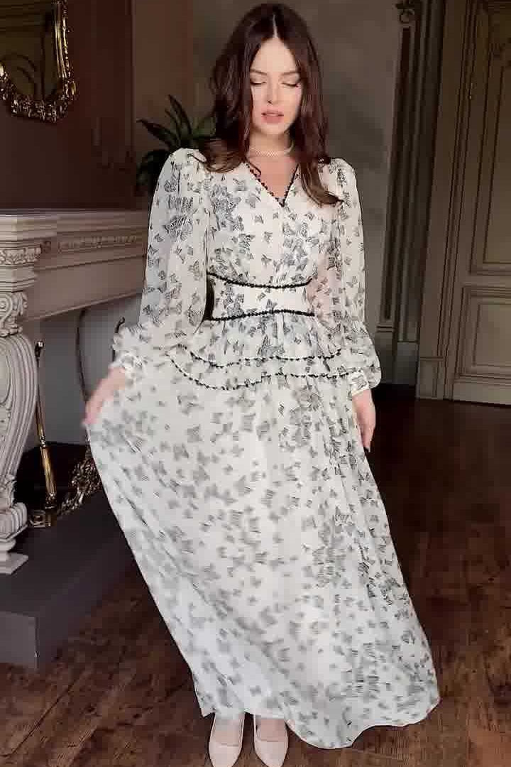 Lila Butterfly Print Tiered Maxi Dress