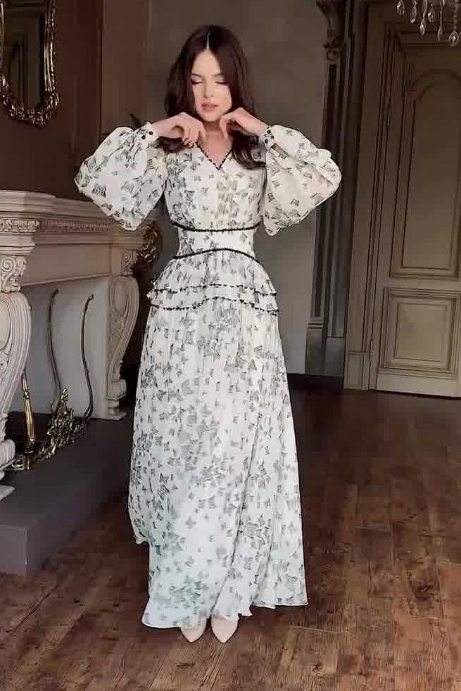 Lila Butterfly Print Tiered Maxi Dress