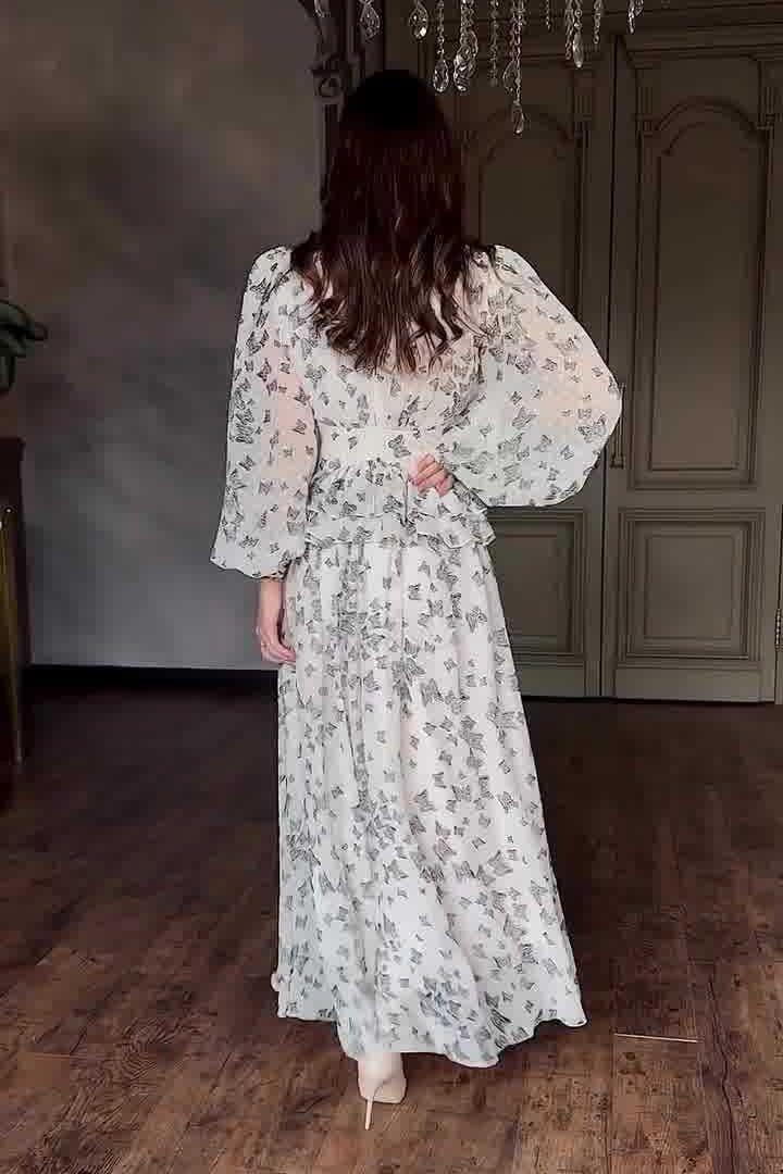 Lila Butterfly Print Tiered Maxi Dress