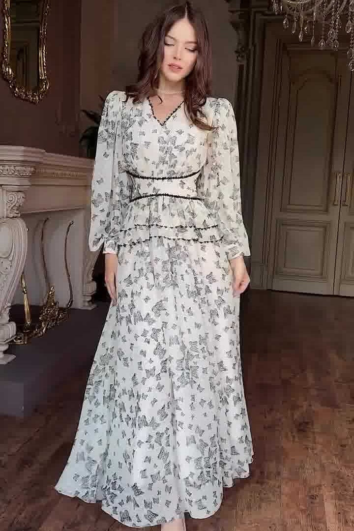 Lila Butterfly Print Tiered Maxi Dress