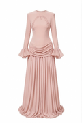 Amara Laurel Motif Draped Waist Maxi Dress-Pink