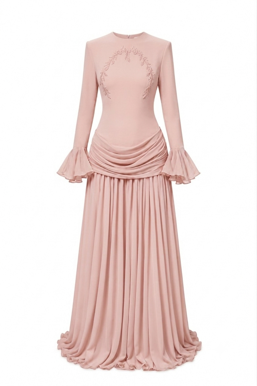 Amara Laurel Motif Draped Waist Maxi Dress-Pink