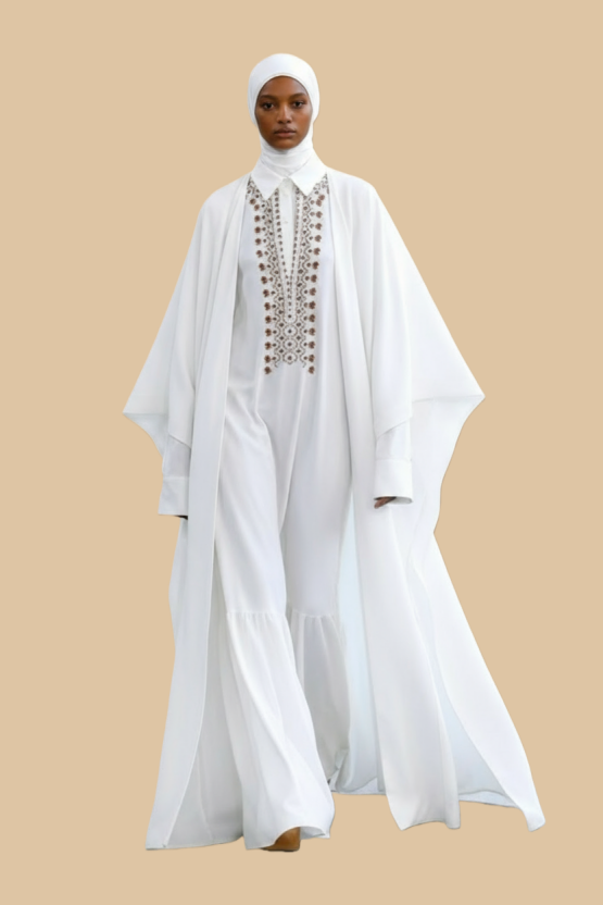 Artisanal Embroidered Two-Piece Open Front Abaya Set