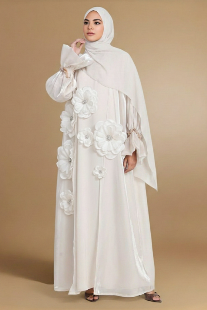 Artisan 3D Floral Appliqu¨¦ Off-White Abaya with Ruffled Pearl Cuffs