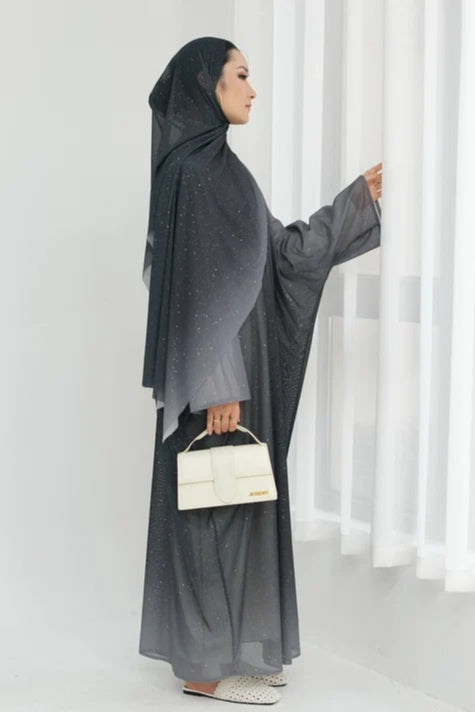 Marissa Sparkly Gradient Abaya With Hijab-Black