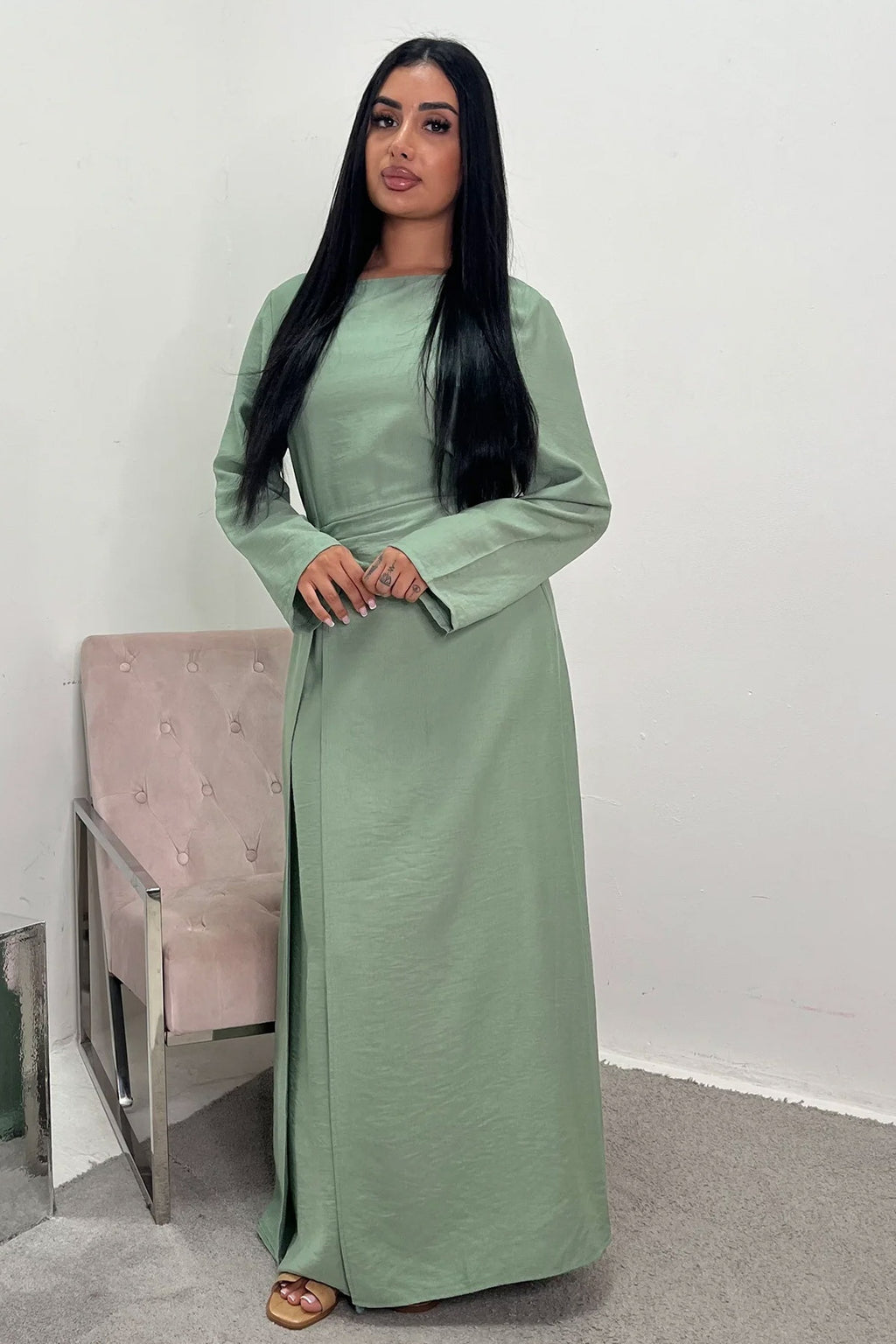 Sara Brooch Waist Tie Maxi Dress-Green