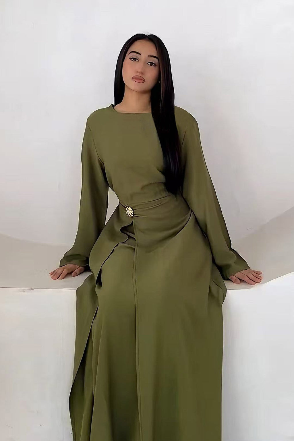 Sara Brooch Waist Tie Maxi Dress-DarkGreen