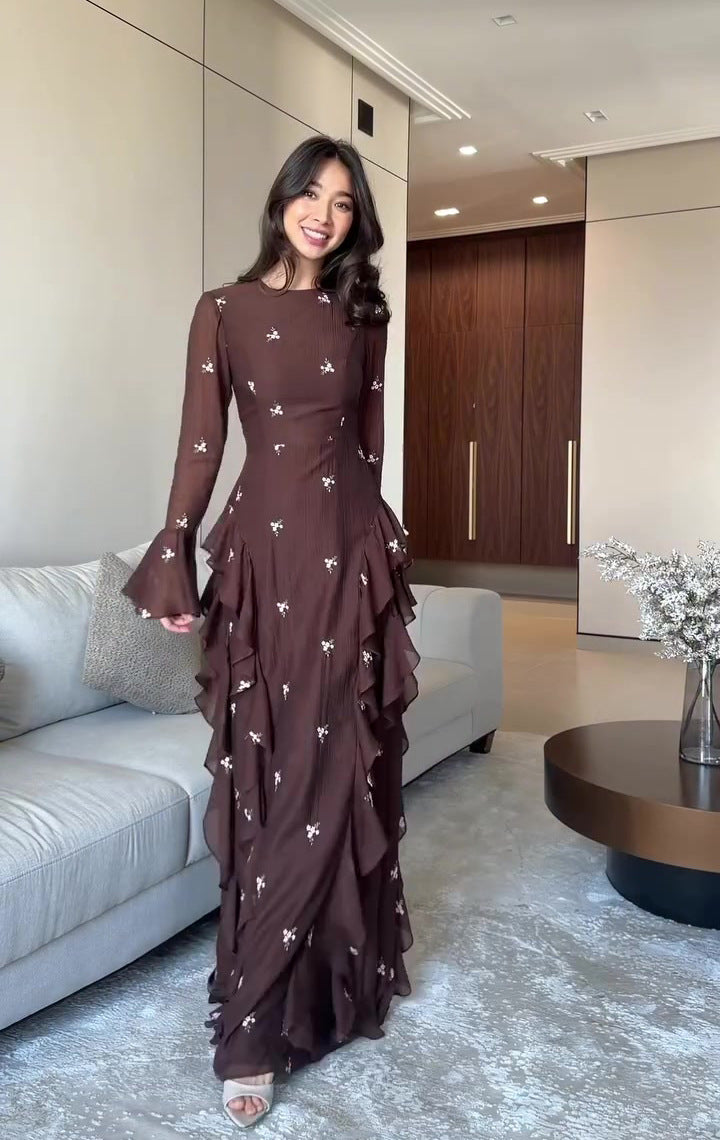 Maya Floral Ruffle Maxi Dress-Brown