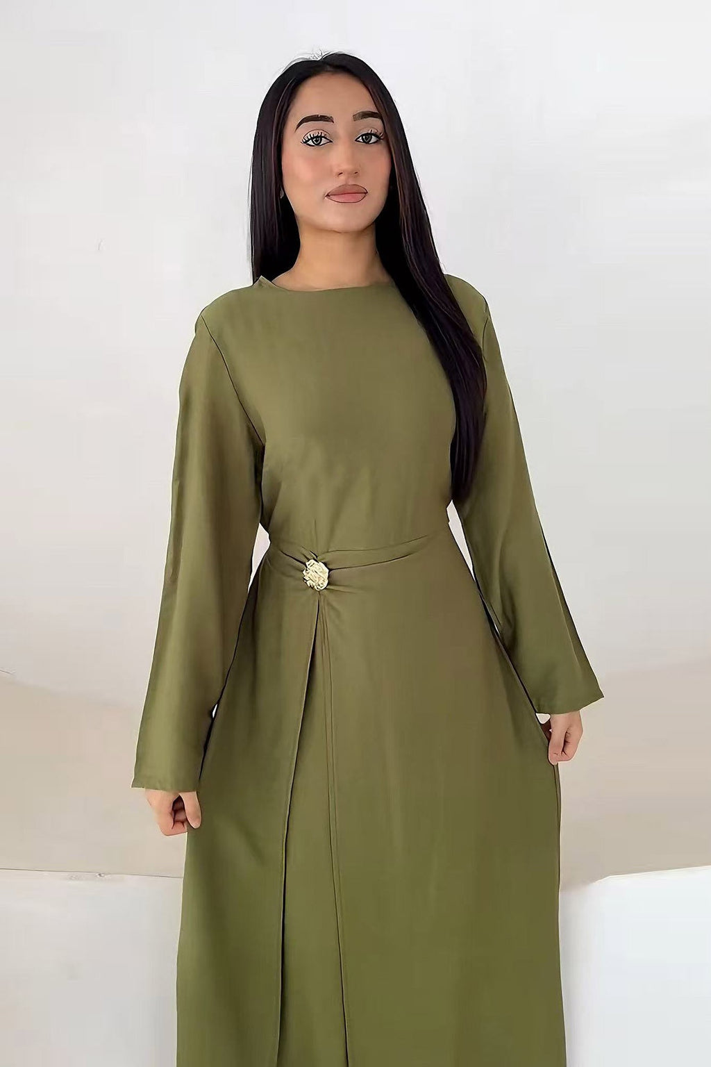Sara Brooch Waist Tie Maxi Dress-DarkGreen