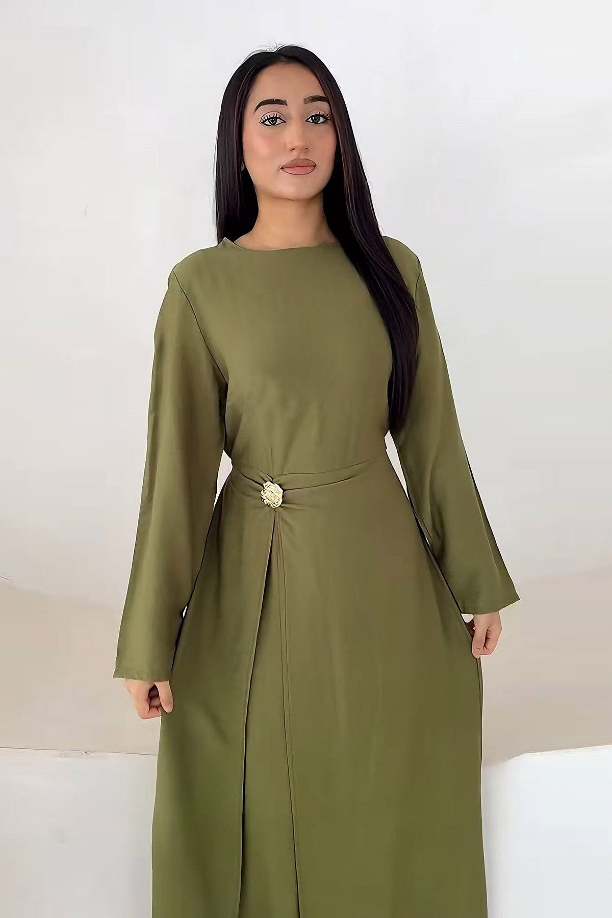 Sara Brooch Waist Tie Maxi Dress-DarkGreen