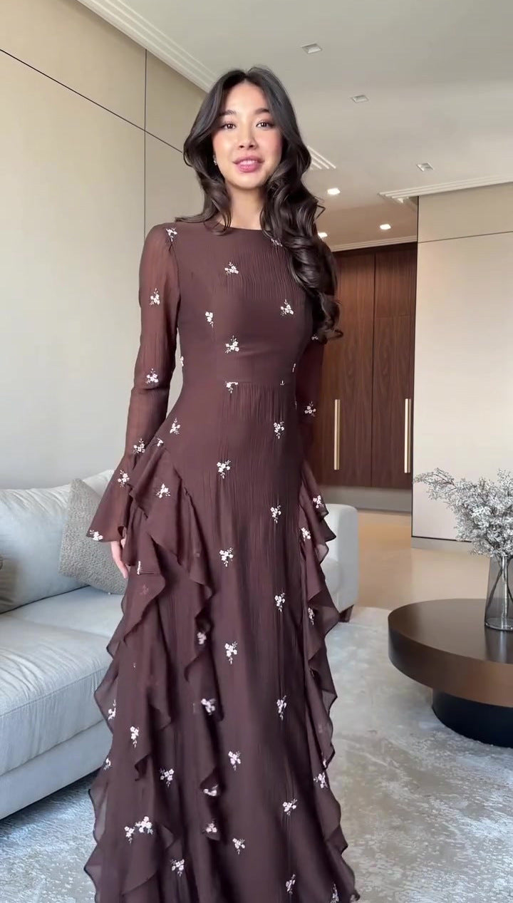 Maya Floral Ruffle Maxi Dress-Brown