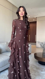 Maya Floral Ruffle Maxi Dress-Brown