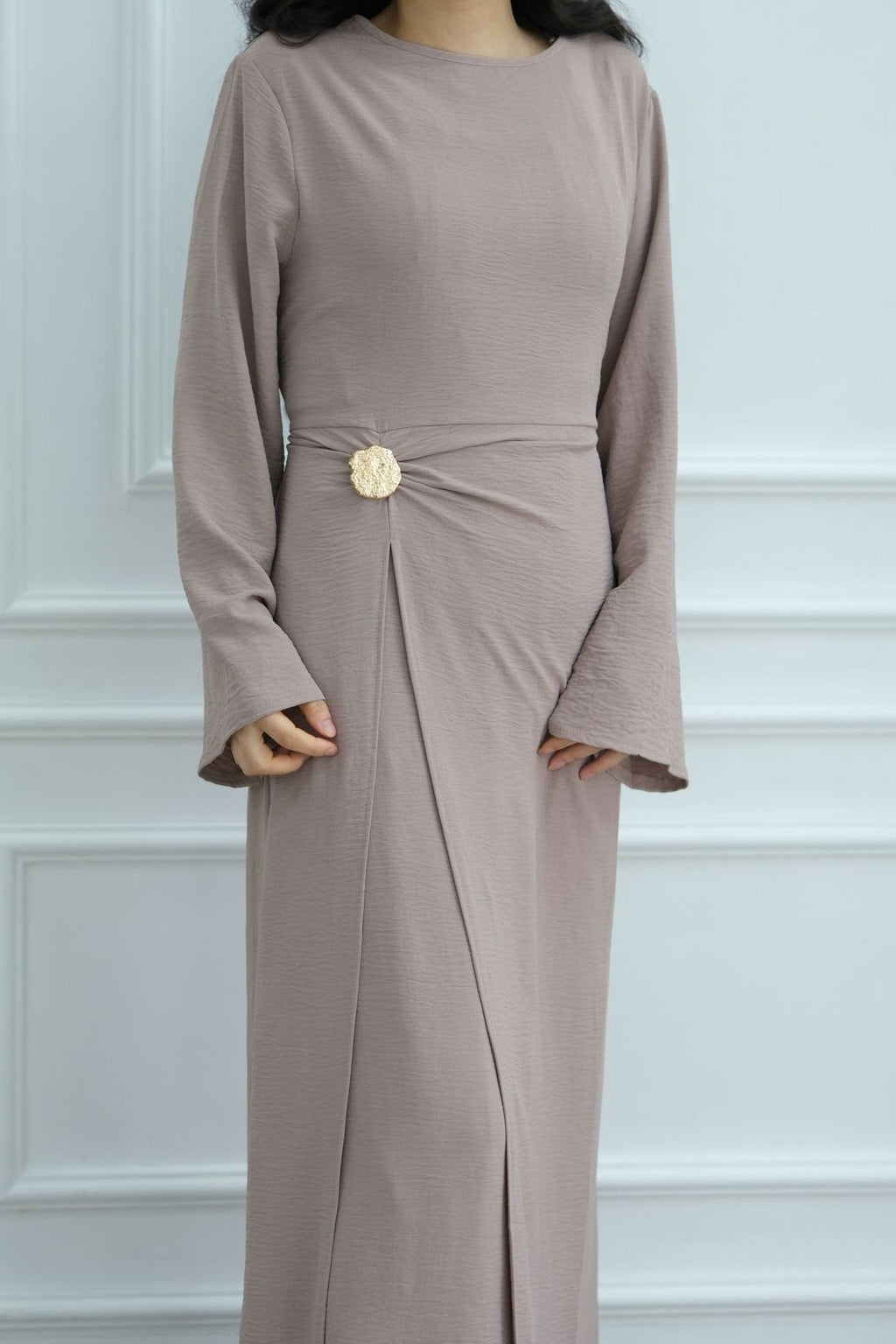 Sara Brooch Waist Tie Maxi Dress-Taupe