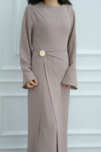 Sara Brooch Waist Tie Maxi Dress-Taupe