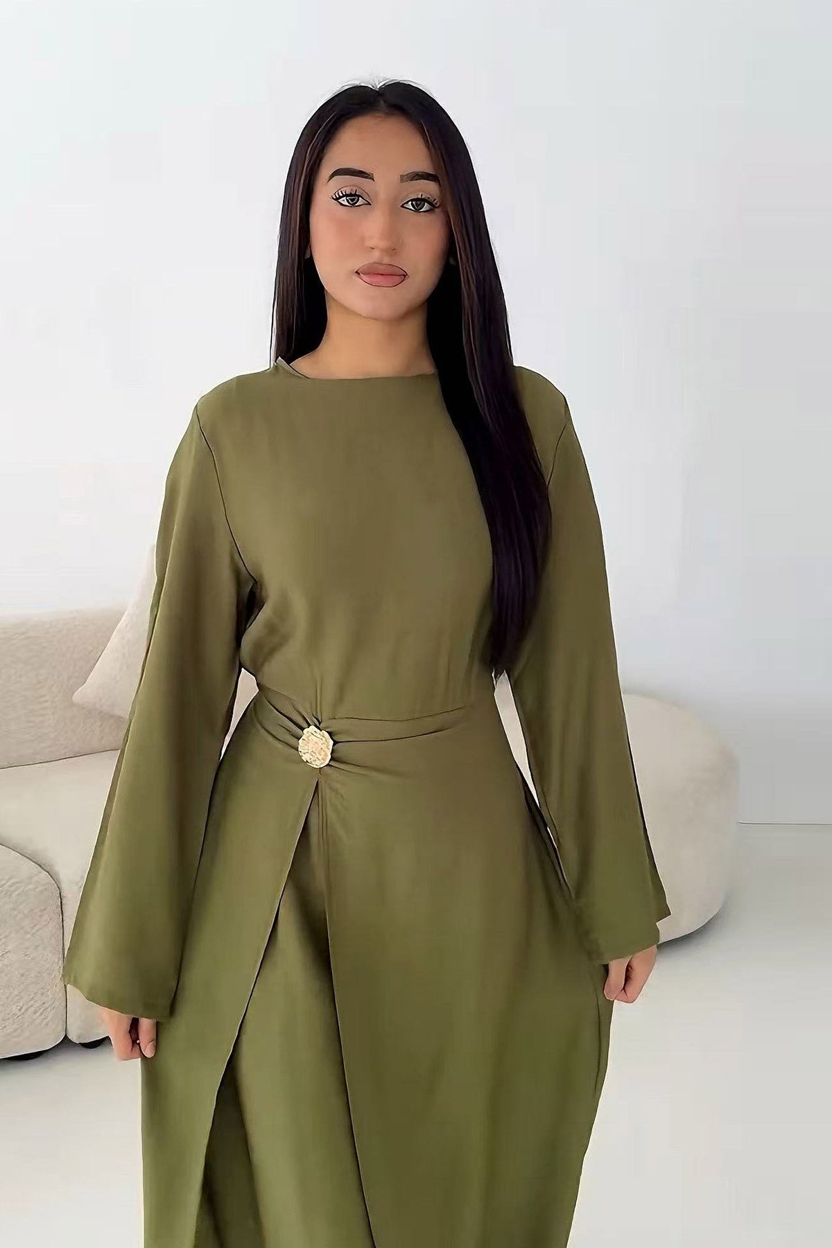 Sara Brooch Waist Tie Maxi Dress-DarkGreen
