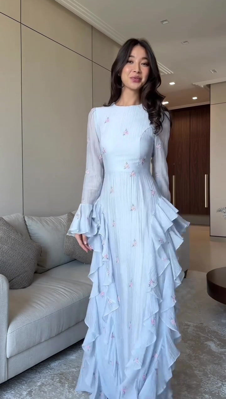 Maya Floral Ruffle Maxi Dress-Blue