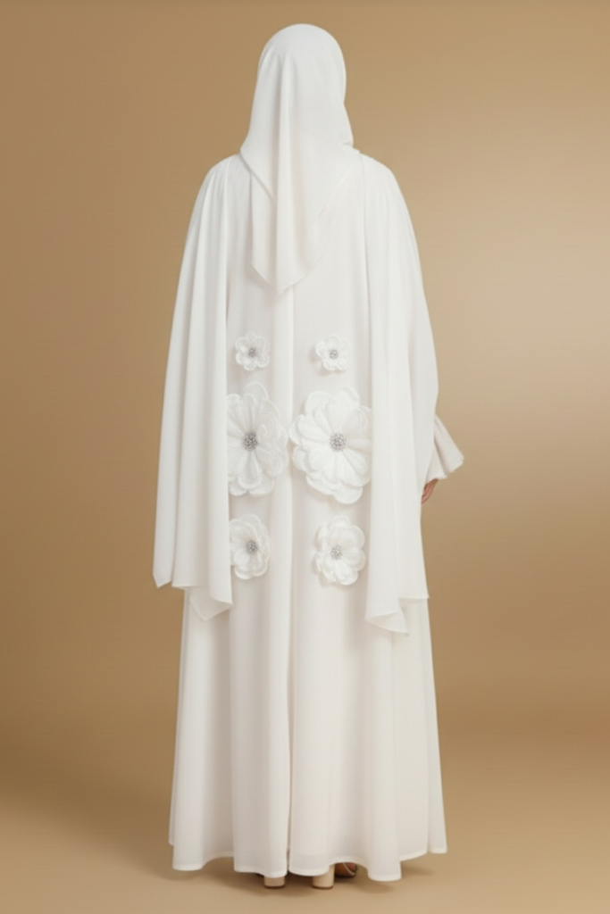 Artisan 3D Floral Appliqu¨¦ Off-White Abaya with Ruffled Pearl Cuffs