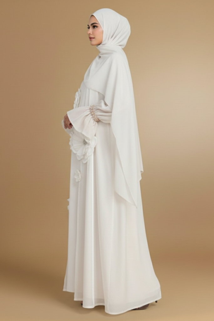 Artisan 3D Floral Appliqu¨¦ Off-White Abaya with Ruffled Pearl Cuffs