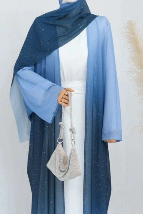 Marissa Sparkly Gradient Abaya With Hijab-Blue