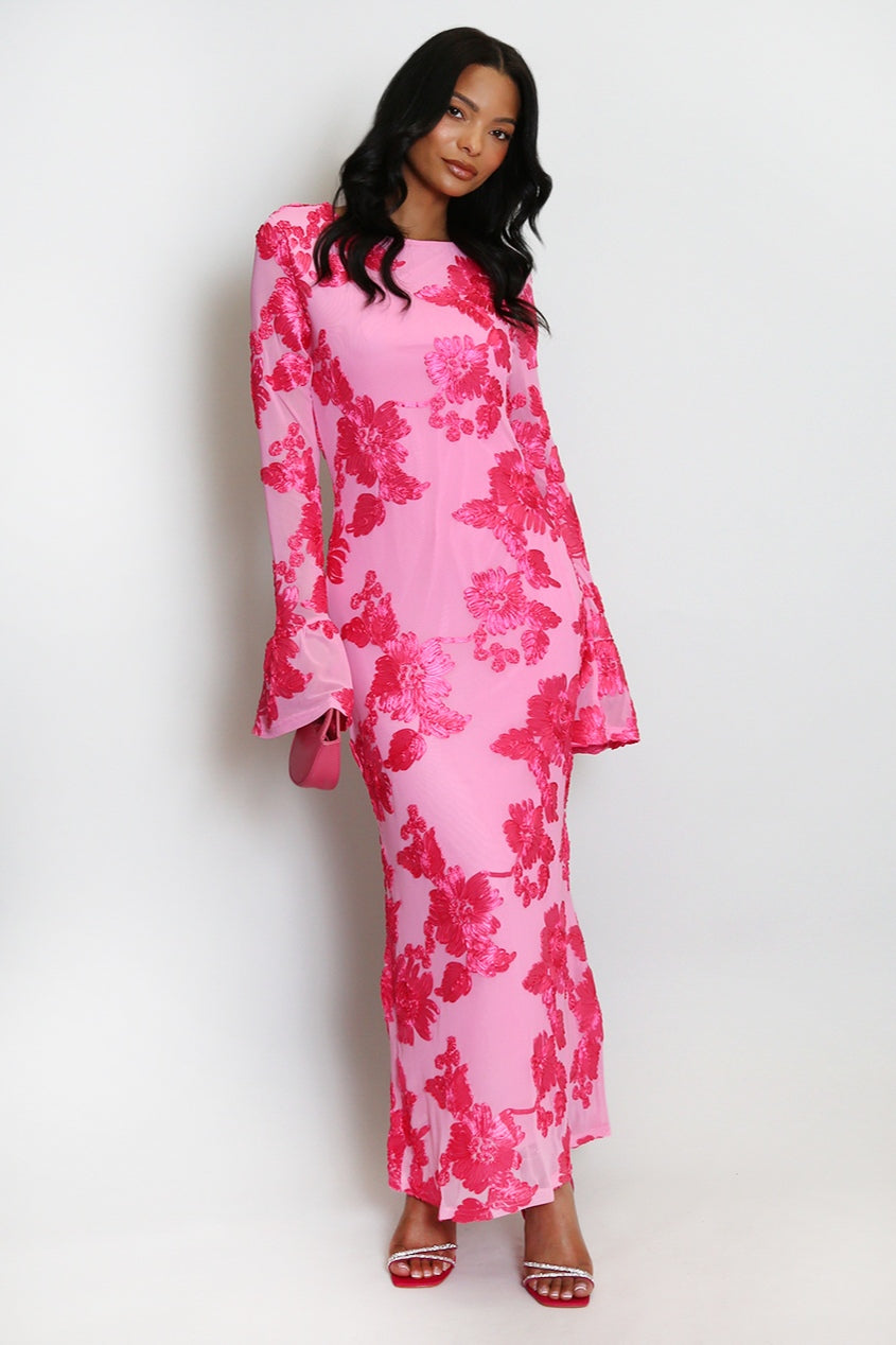 Elara Floral Applique Flare Sleeve Midi Dress-Pink
