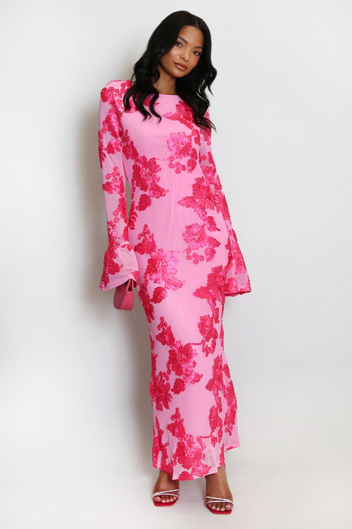 Elara Floral Applique Flare Sleeve Midi Dress-Pink