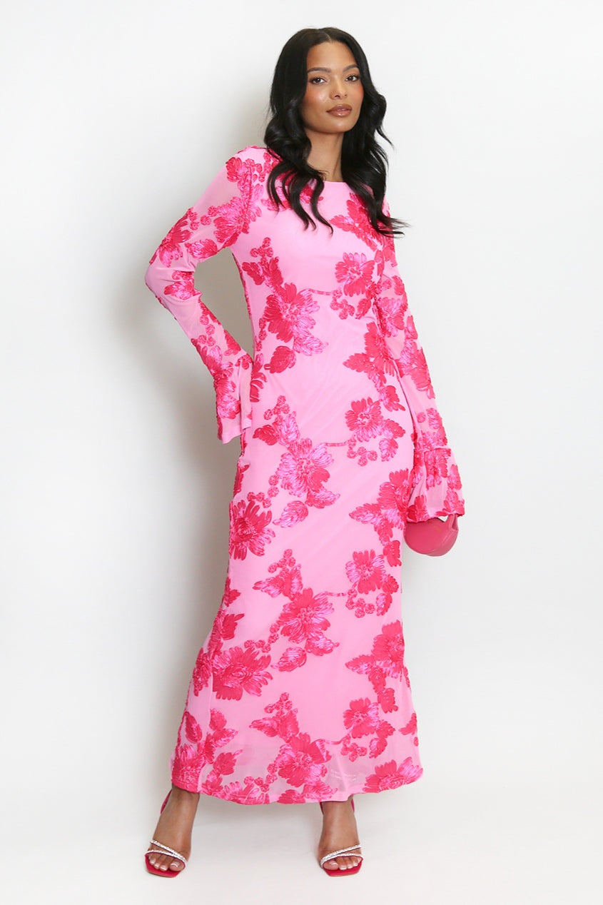 Elara Floral Applique Flare Sleeve Midi Dress-Pink