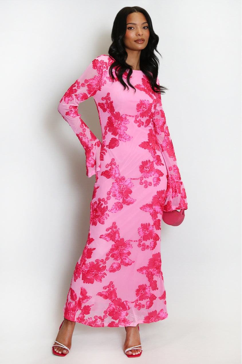 Elara Floral Applique Flare Sleeve Midi Dress-Pink