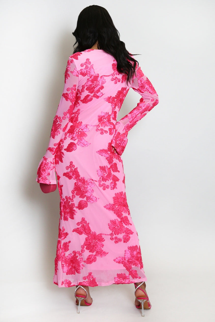 Elara Floral Applique Flare Sleeve Midi Dress-Pink