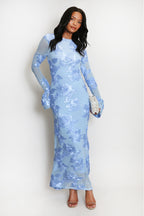 Elara Floral Applique Flare Sleeve Midi Dress-Blue