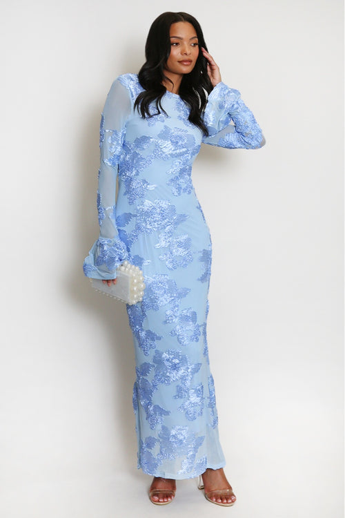 Elara Floral Applique Flare Sleeve Midi Dress-Blue