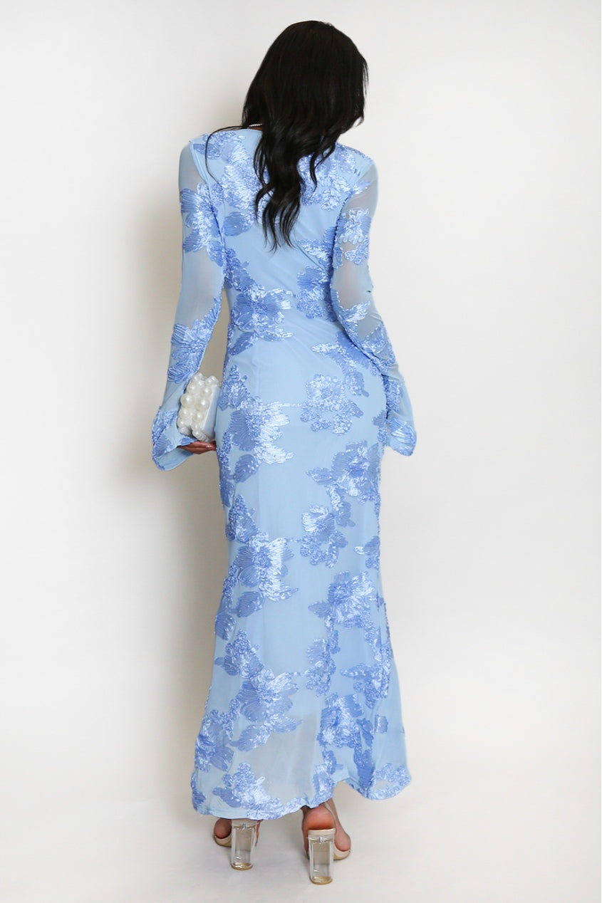 Elara Floral Applique Flare Sleeve Midi Dress-Blue